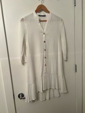 Zara White Button‑Front Tiered Dress – Size XS